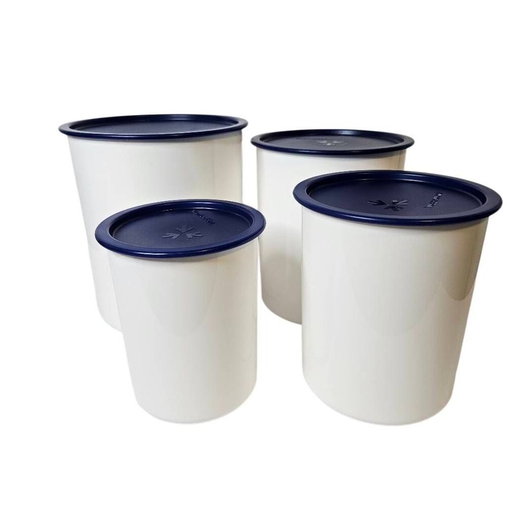 Tupperware canister set, blue one touch covers. Kitchen organization .